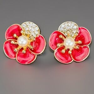 Vintage goldtone bling faux pearl weighted flower pink earrings